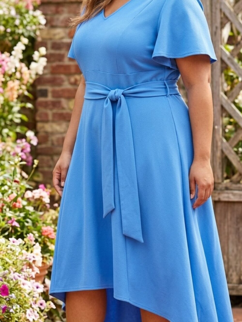 Lane Bryant Blue Dress Size 24 NWT Flutter Sleeve V-Neck Tie Waist High Low Hem